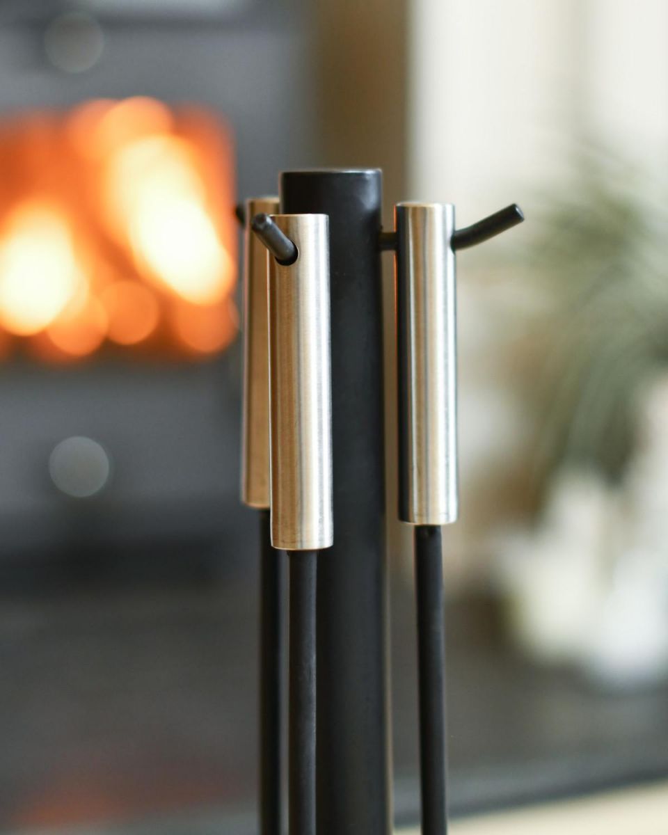 Close Up Of Contemporary Three Piece Companion Set With Brushed Steel Handles Handles