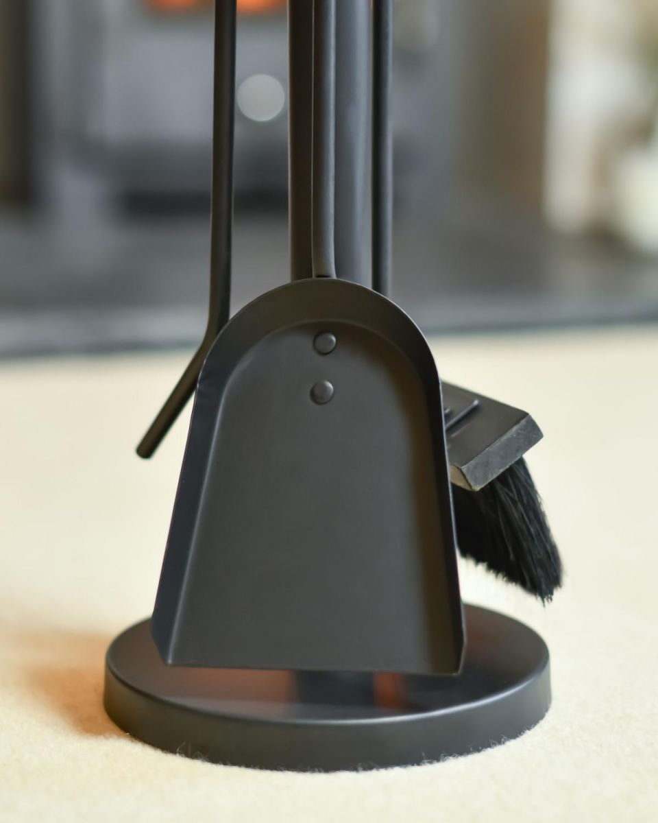 Close Up Of Contemporary Three Piece Companion Set With Brushed Steel Handles Shovel