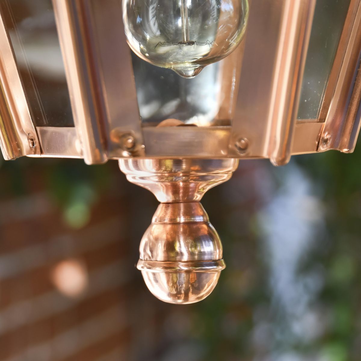 Close-up of the Finial on the Bottom of the Copper Concordia Hexagonal Garden Hanging Lantern
