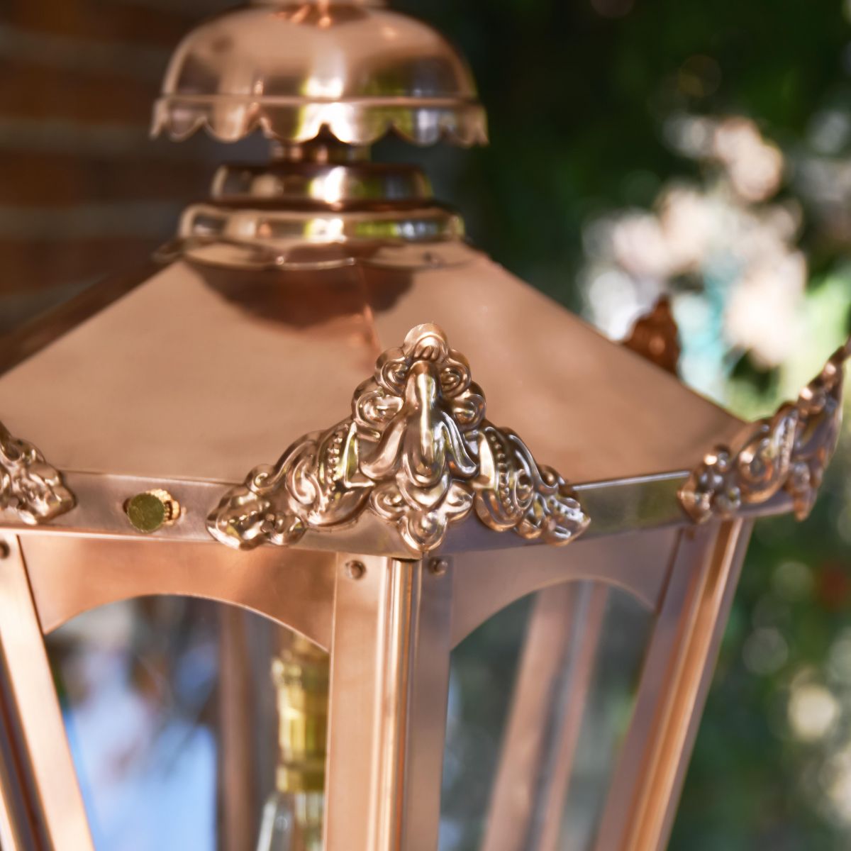Close-up of the Copper Finish on the Concordia Hexagonal Garden Hanging Lantern