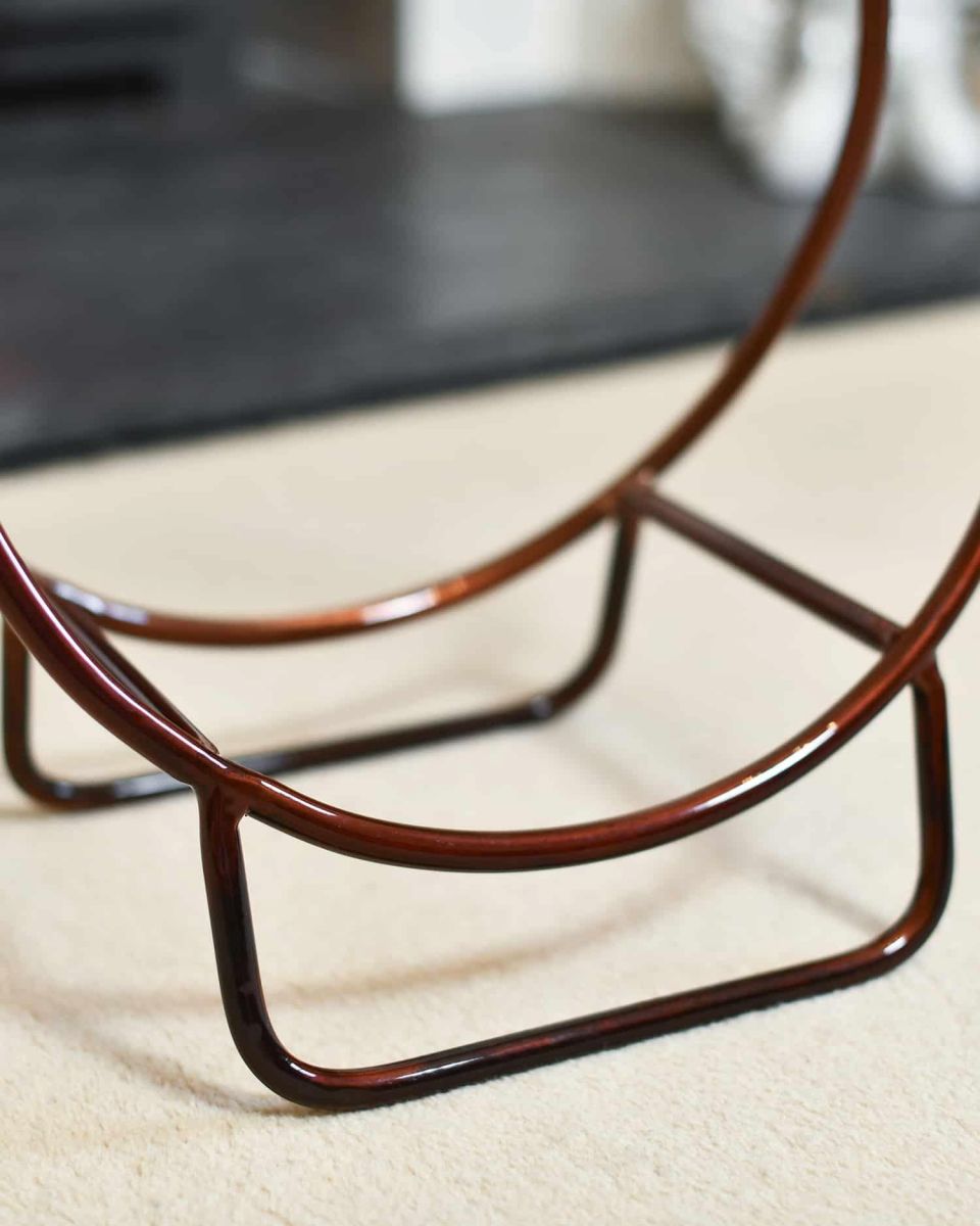 Close-Up of Empty Copper Contemporary Circular Log Rack & Holder With Handle - 45cm