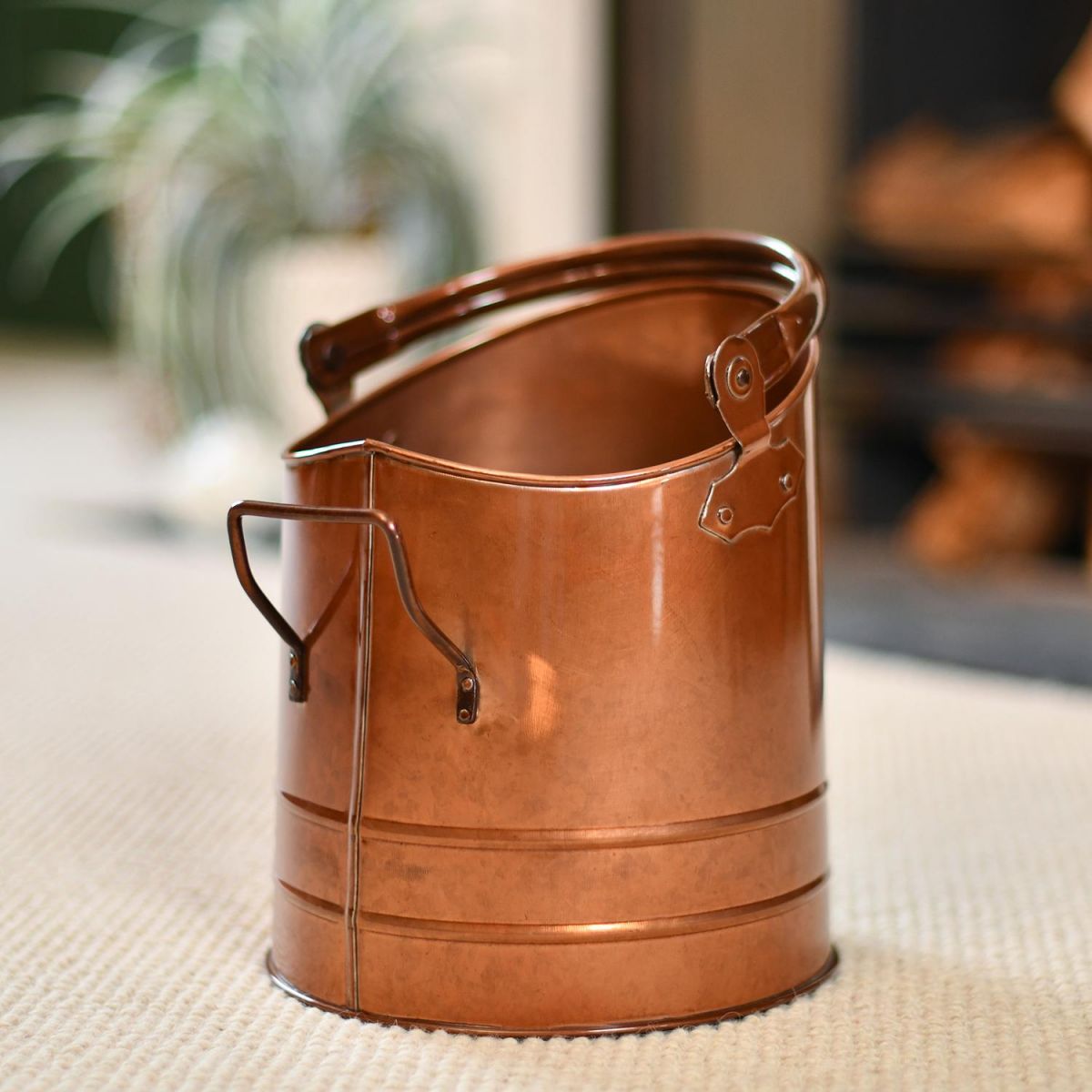 Copper Finish Traditional Fireside Log and Coal Bucket in Situ by the Fire Place