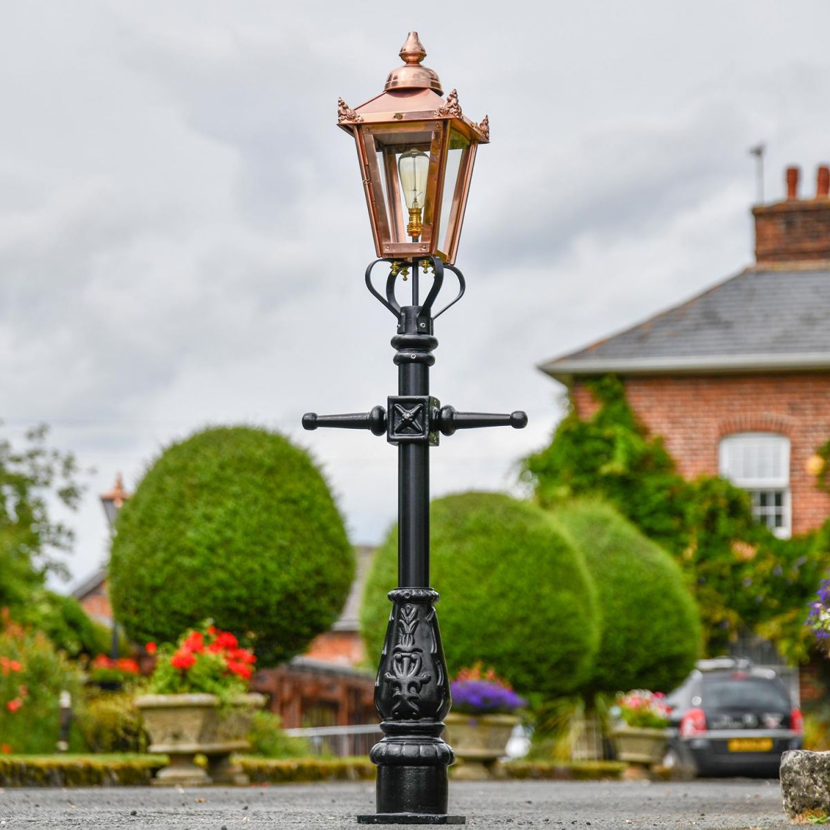 1.5m Copper Victorian Miniature Lamp Post in Situ in Front of a House