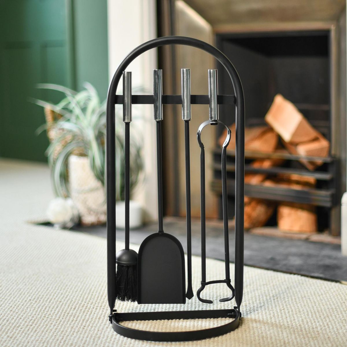 "Cradley Elite" Companion Set - Chrome & Iron in Situ in Front of the Fireplace