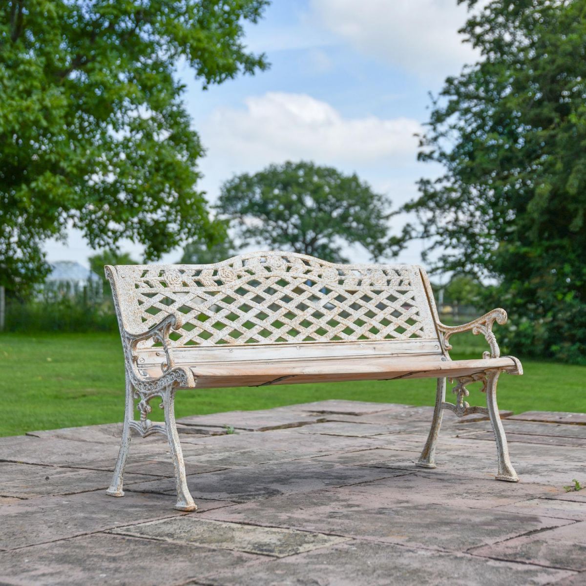 Cast Iron Antique Cream "Rose Lattice" Garden Bench