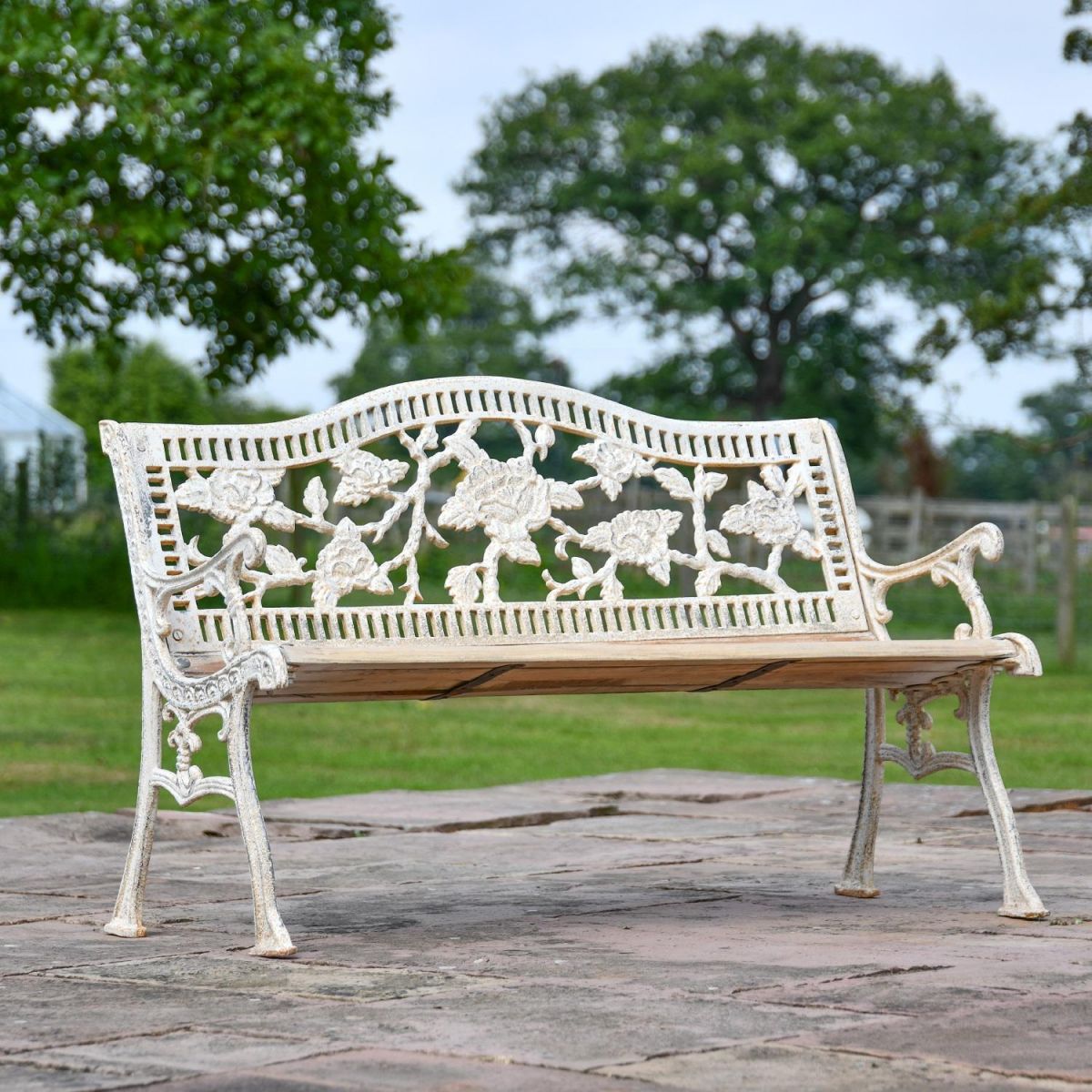 Cast Iron Antique Cream Rose Bench