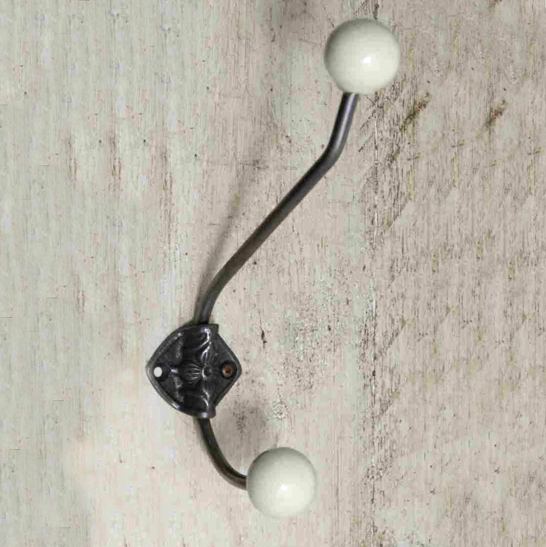 Large Iron Coat Hook With Cream Ceramic Tips