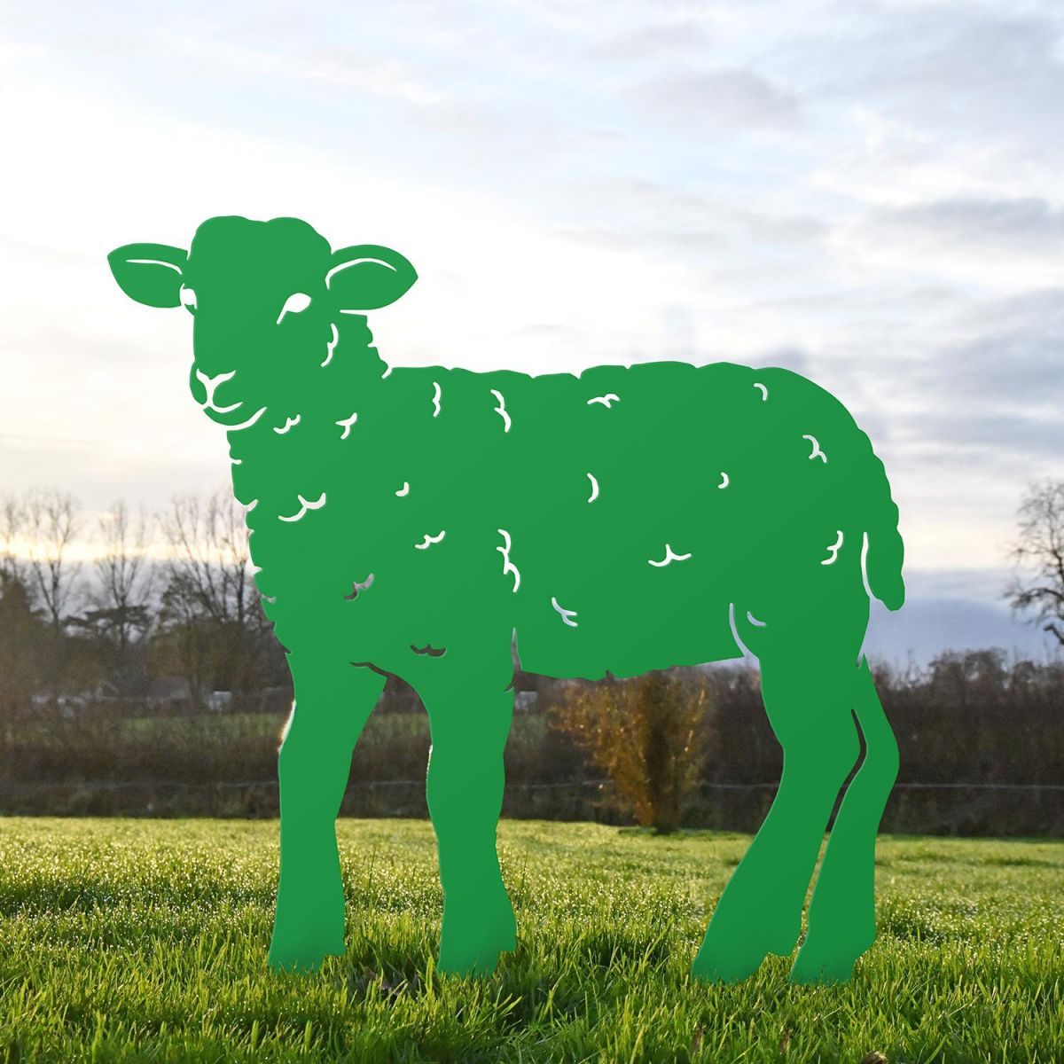 Green Iron Curly Lamb Silhouette in Situ in the Garden
