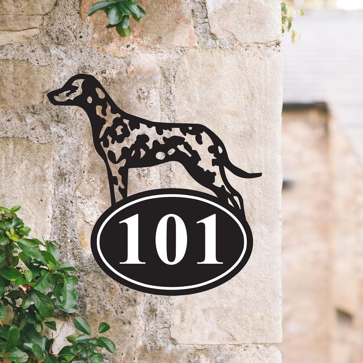 Bespoke Dalmatian Iron House Number Sign in Situ