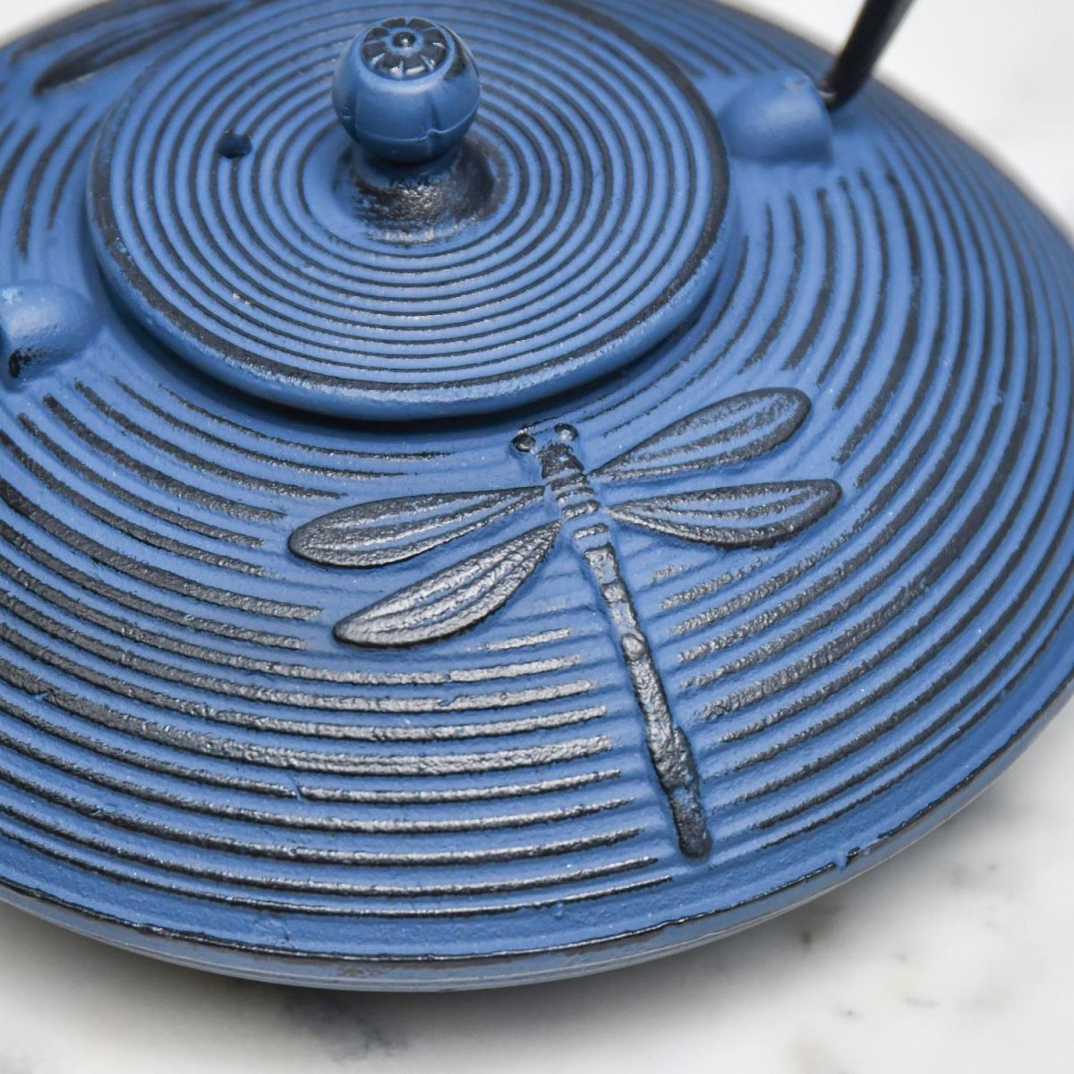 Close-Up of Dragonfly Design on Dark Blue Cast Iron Teapot