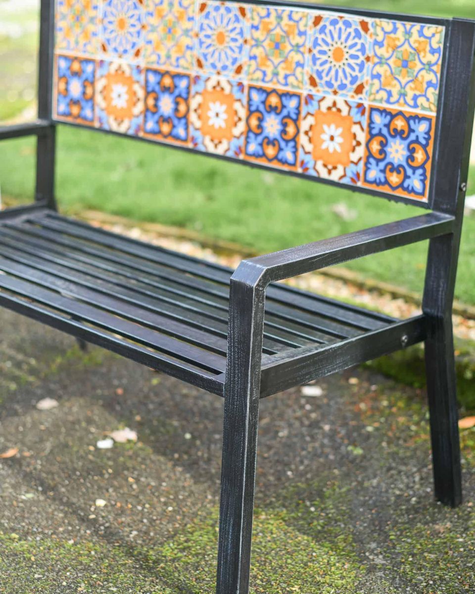 Close-Up of Deluxe "Blue Marine" Steel Two Seater Park Bench in Black