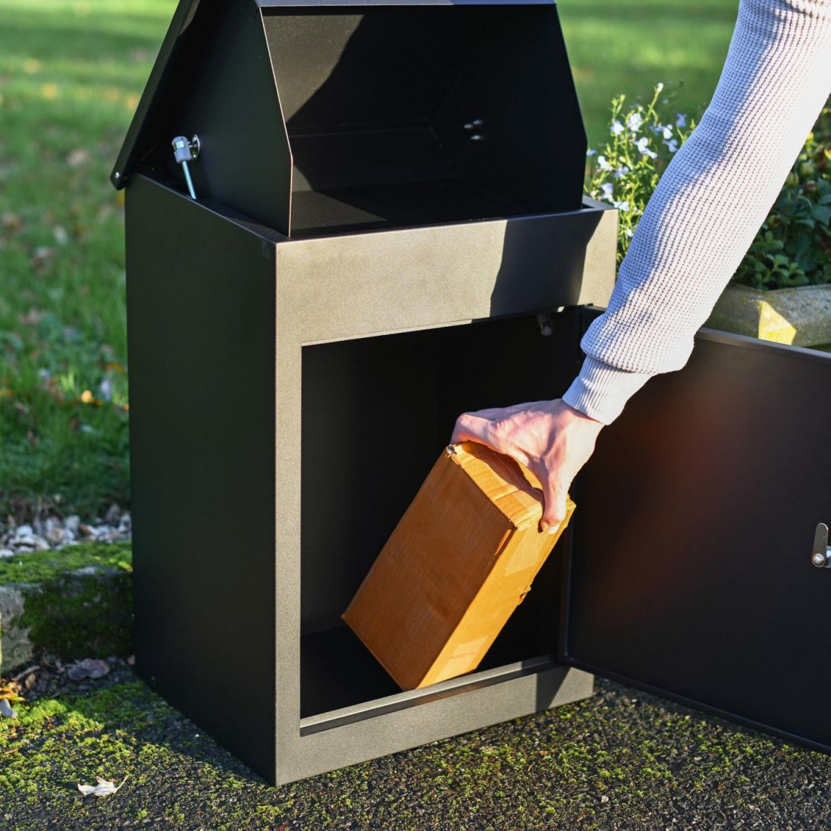 Lockable Front in Use on Deluxe Black Bexley Free Standing Parcel Box