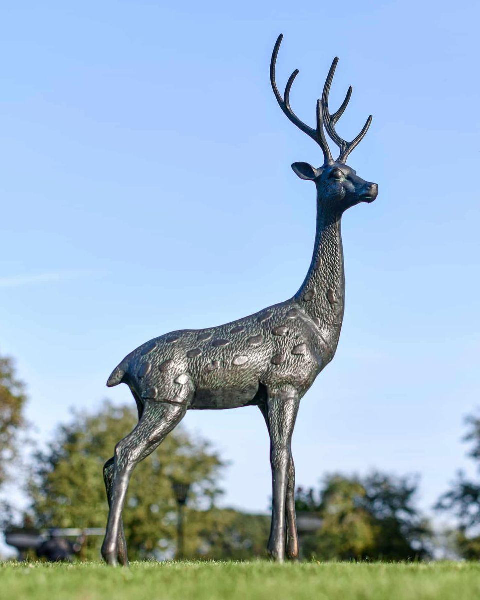 Deluxe Cast Aluminium Freestanding "Fallow" Stag Garden Sculpture in Situ