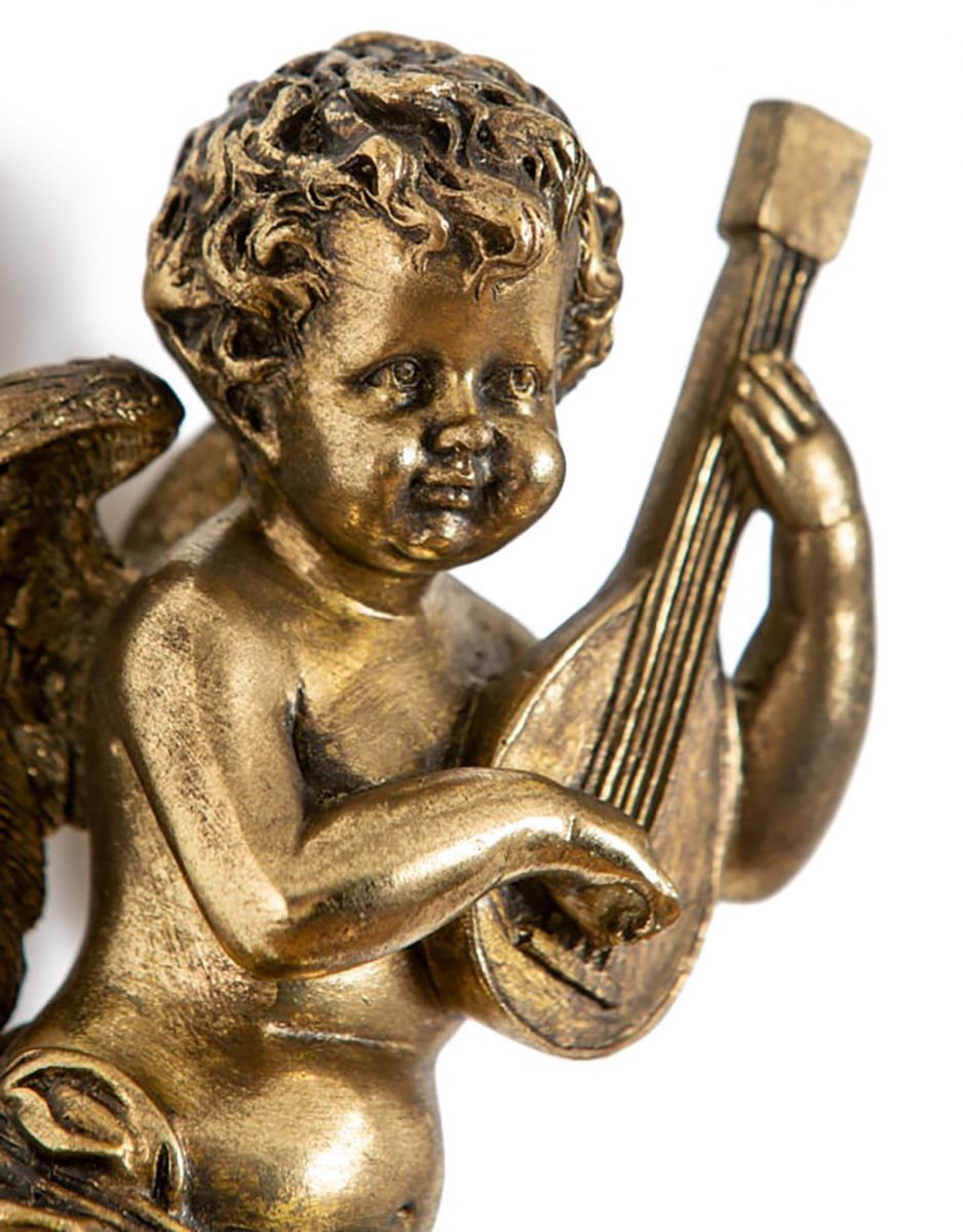 Close-Up of Deluxe Gold-Painted Cherub with Guitar Wall Art