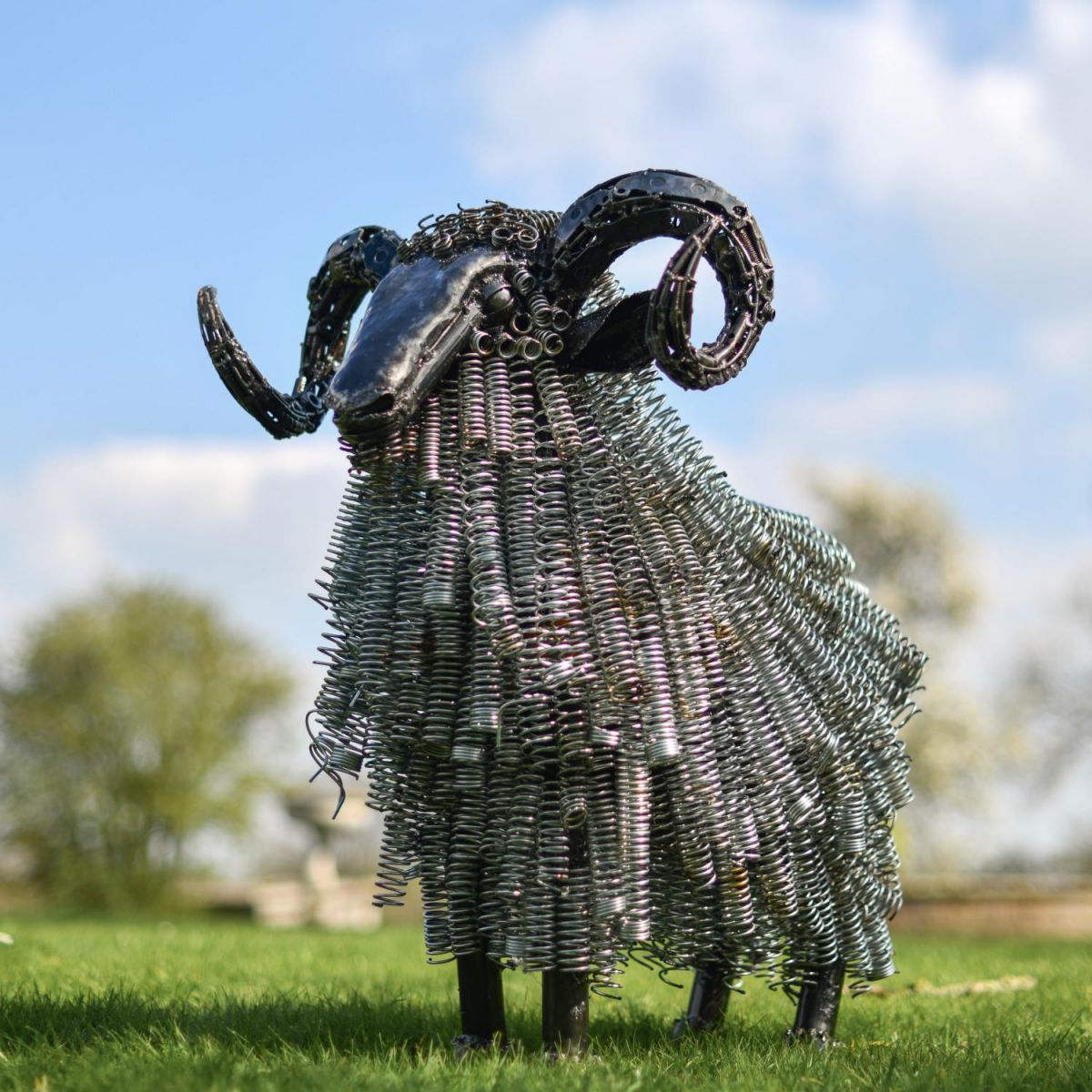 Deluxe Recycled Twisted Metal Ram Garden Sculpture - Life Size Outdoor Ornament