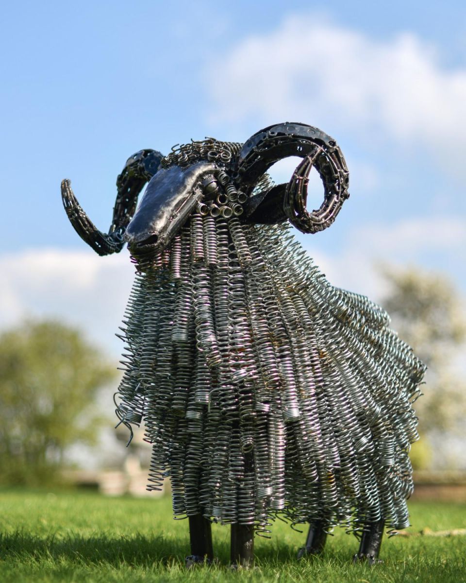 Deluxe Recycled Twisted Metal Ram Garden Sculpture - Life Size Outdoor Ornament in Situ
