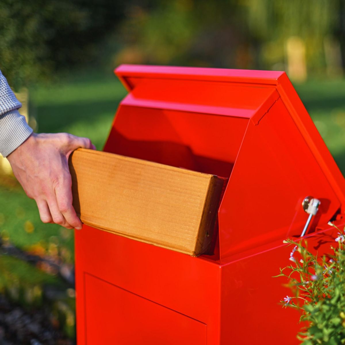Opening Lid in Use on Deluxe Red Bexley Free Standing Parcel Box