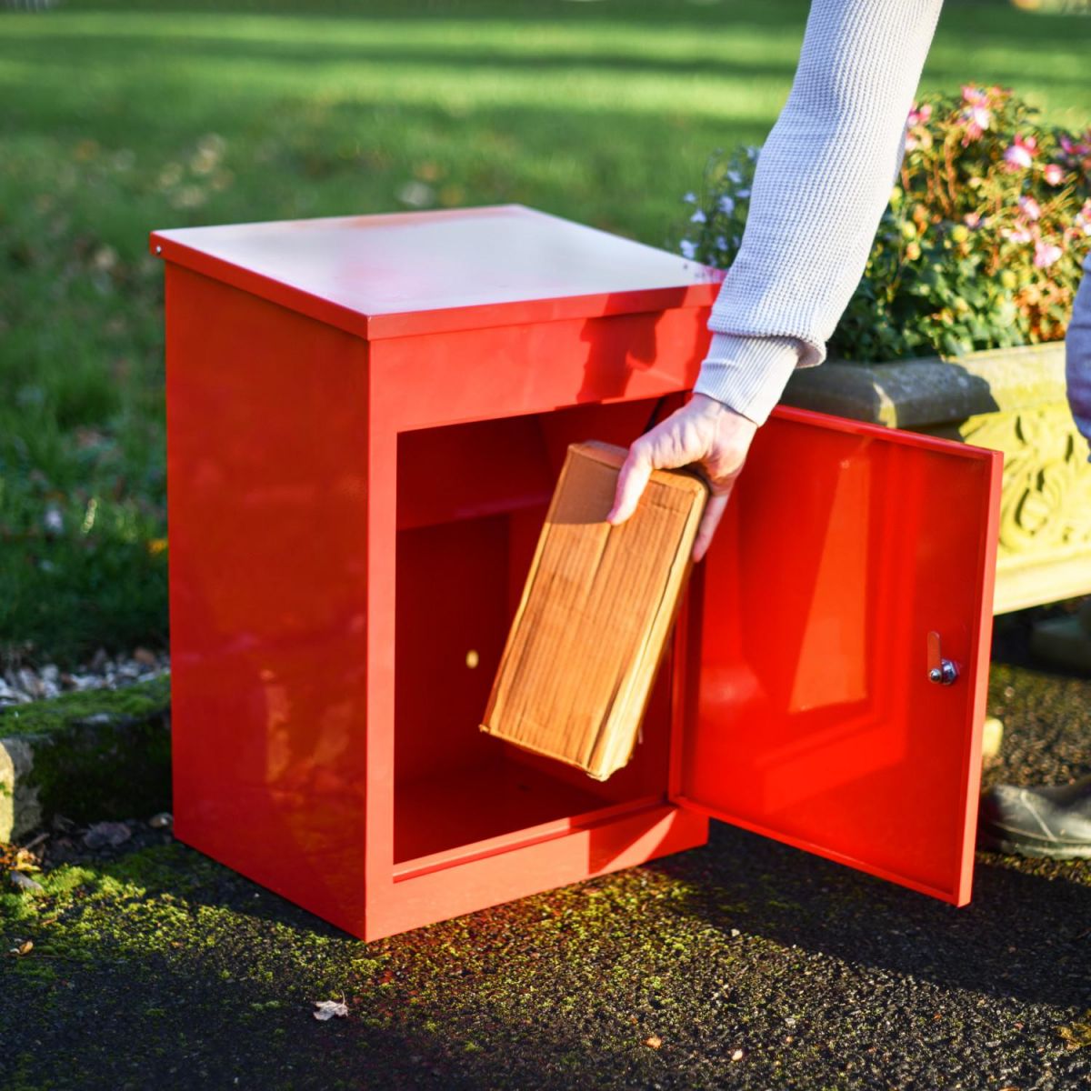 Lockable Front in Use on Deluxe Red Bexley Free Standing Parcel Box