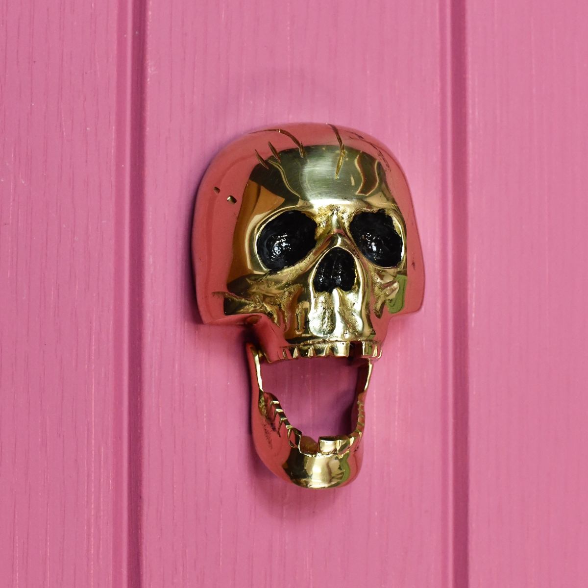 Polished brass novelty spooky skull door knocker