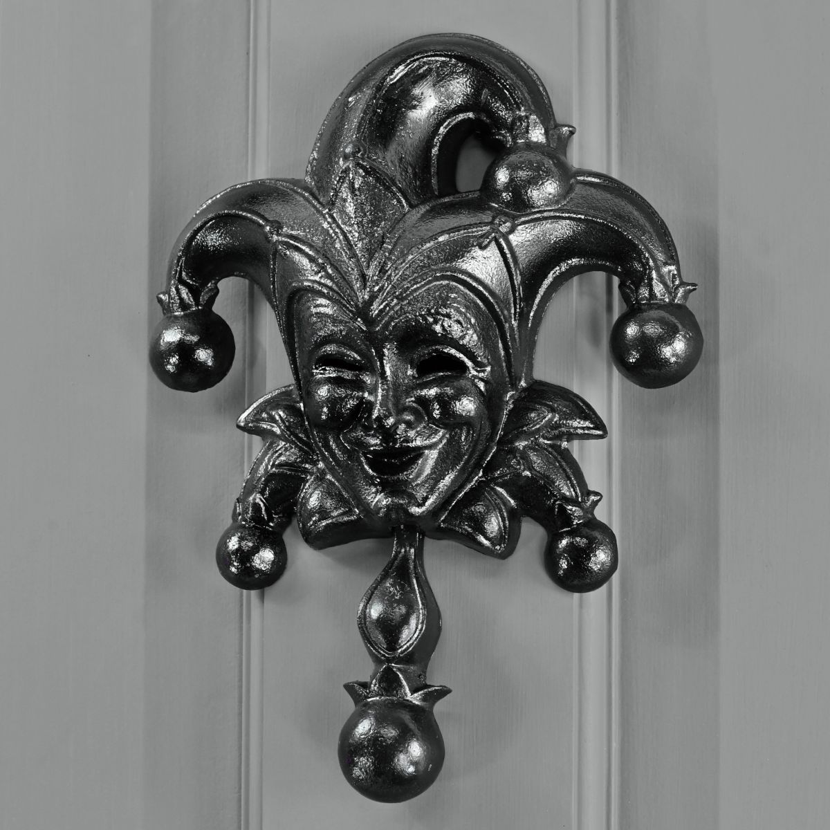 Black Jester door knocker on Grey door
