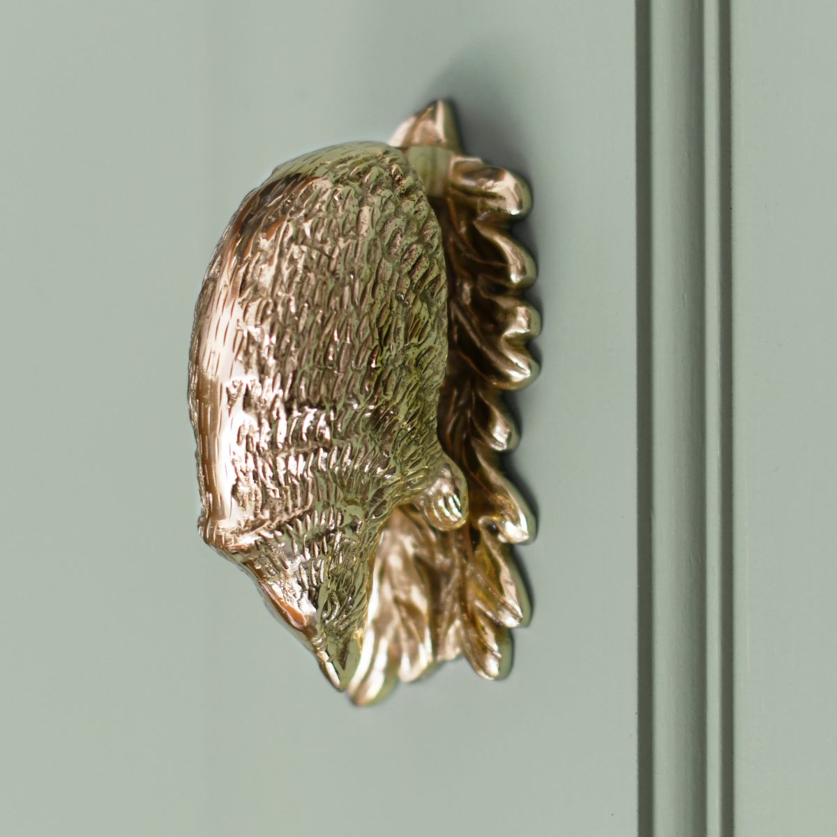 Polished Brass quirky hedgehog door knocker on pale green front door.