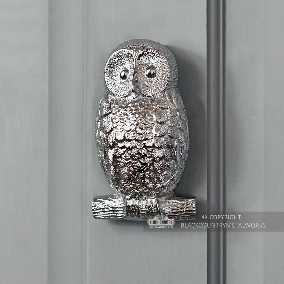 Front View of the Bright Chrome Owl Door Knocker