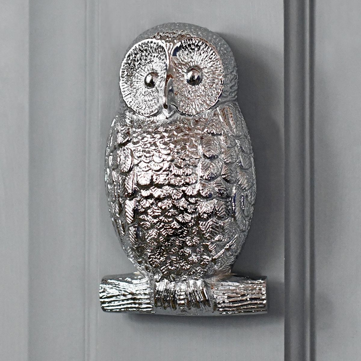 Bright Chrome Owl Door Knocker in Situ on a Grey Door