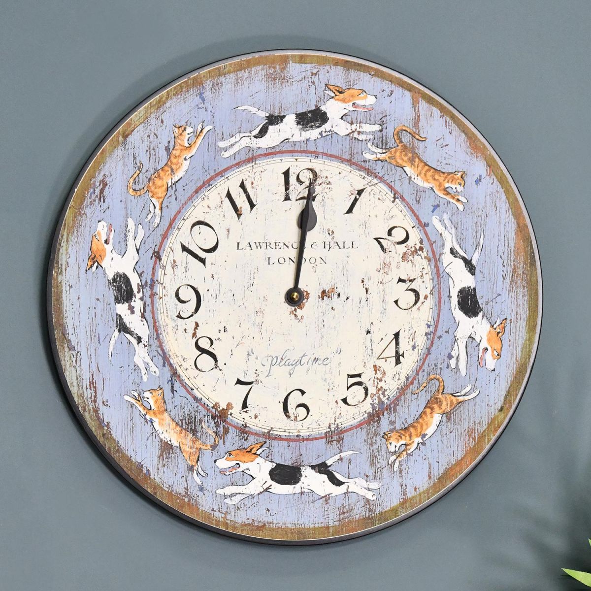 Dogs and Cats Playtime Rustic Wall Clock in Situ