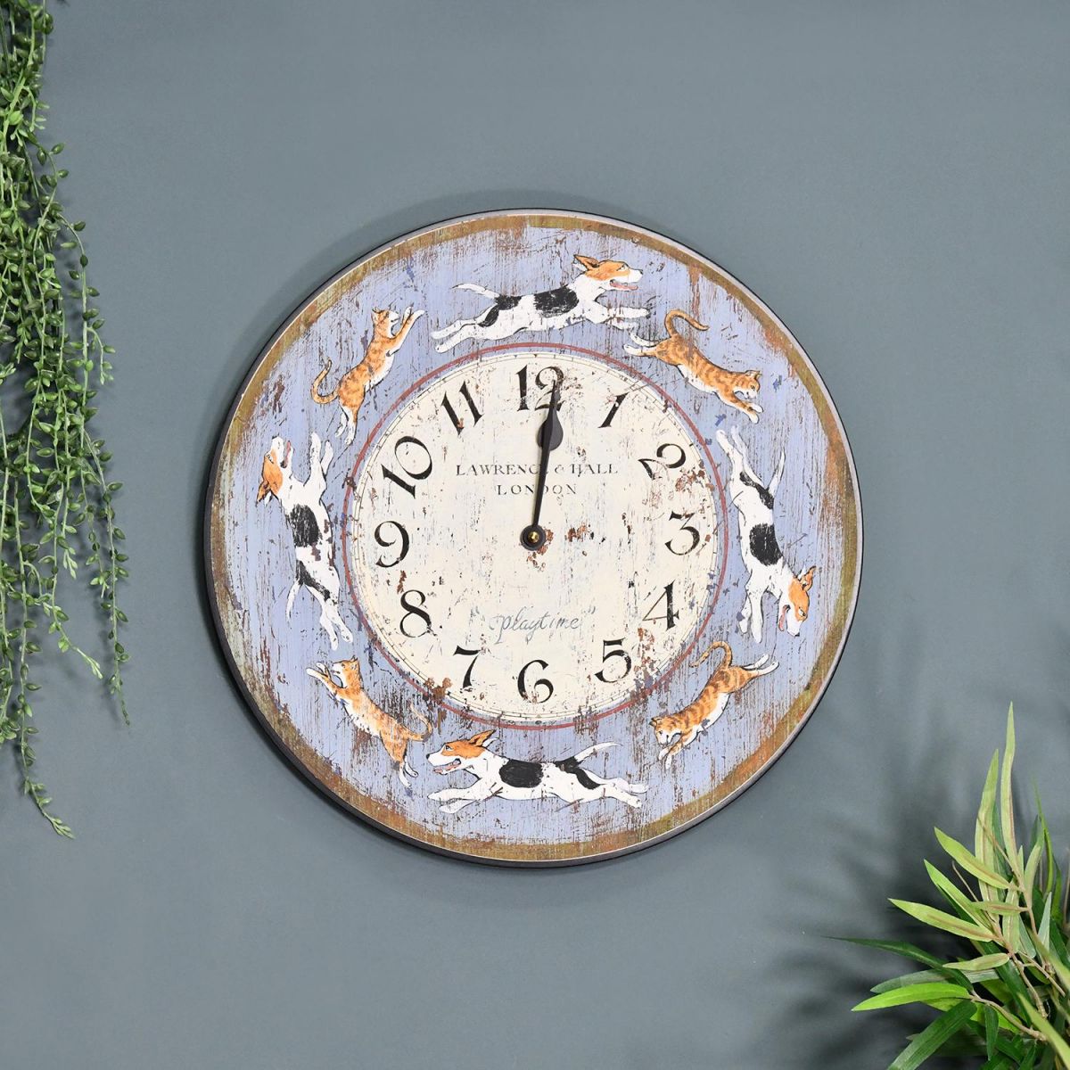 Dogs and Cats Rustic Clock in Situ Mounted to a Blue Wall