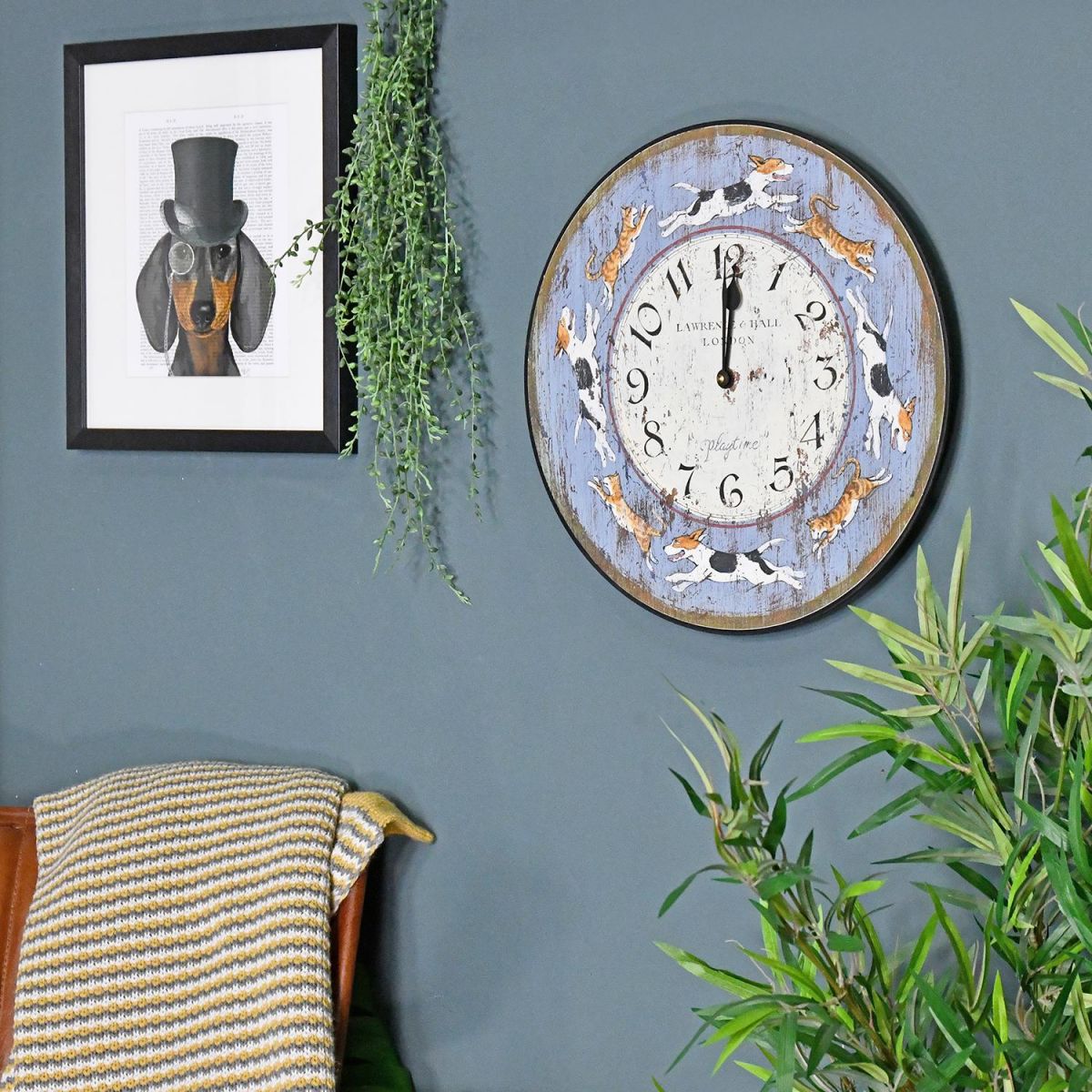 Dogs and Cats Playtime Rustic Wall Clock in Situ in a Sitting room