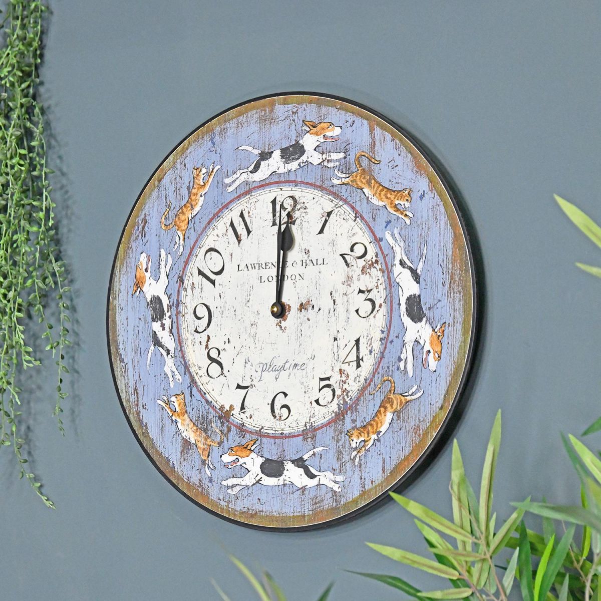 Dogs and Cats Rustic Wall Clock in Situ in the Home