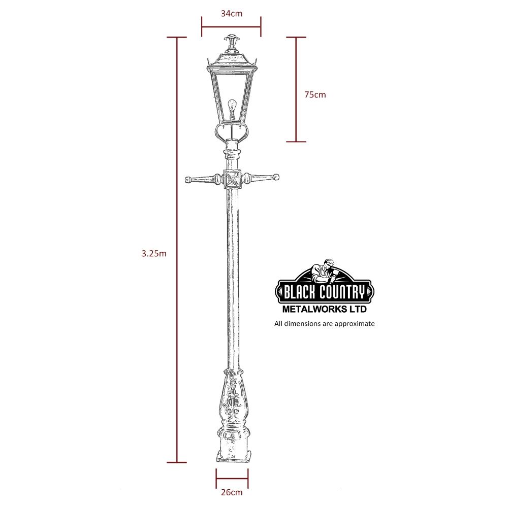 Dimensions of the 3.25m Dorchester Lamp Post & Lantern Set 