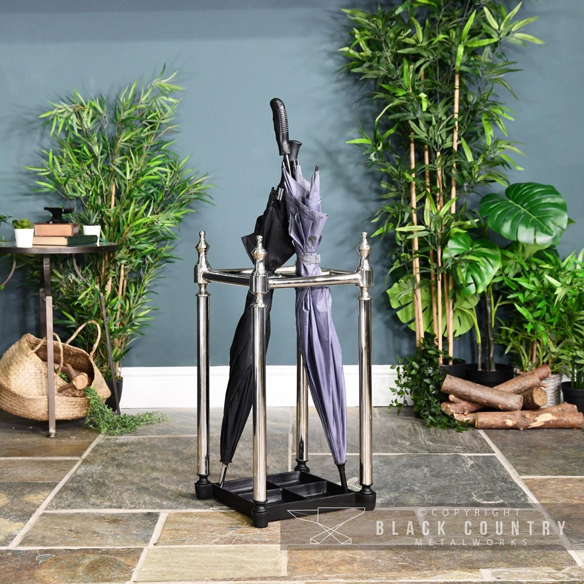 Polished Nickel Period Umbrella and Walking Stick Stand in Situ Holding Umbrellas