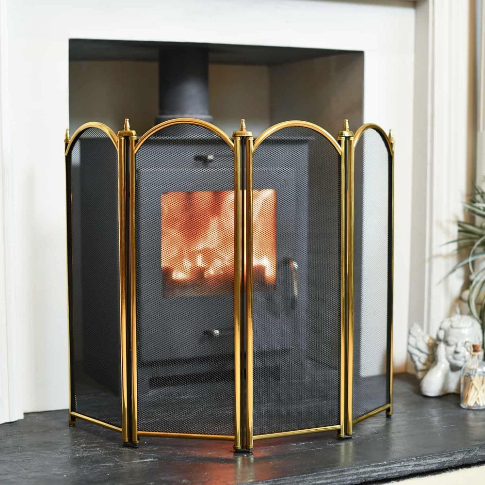 Dynasty Four Fold Fire Screen in Polished Brass