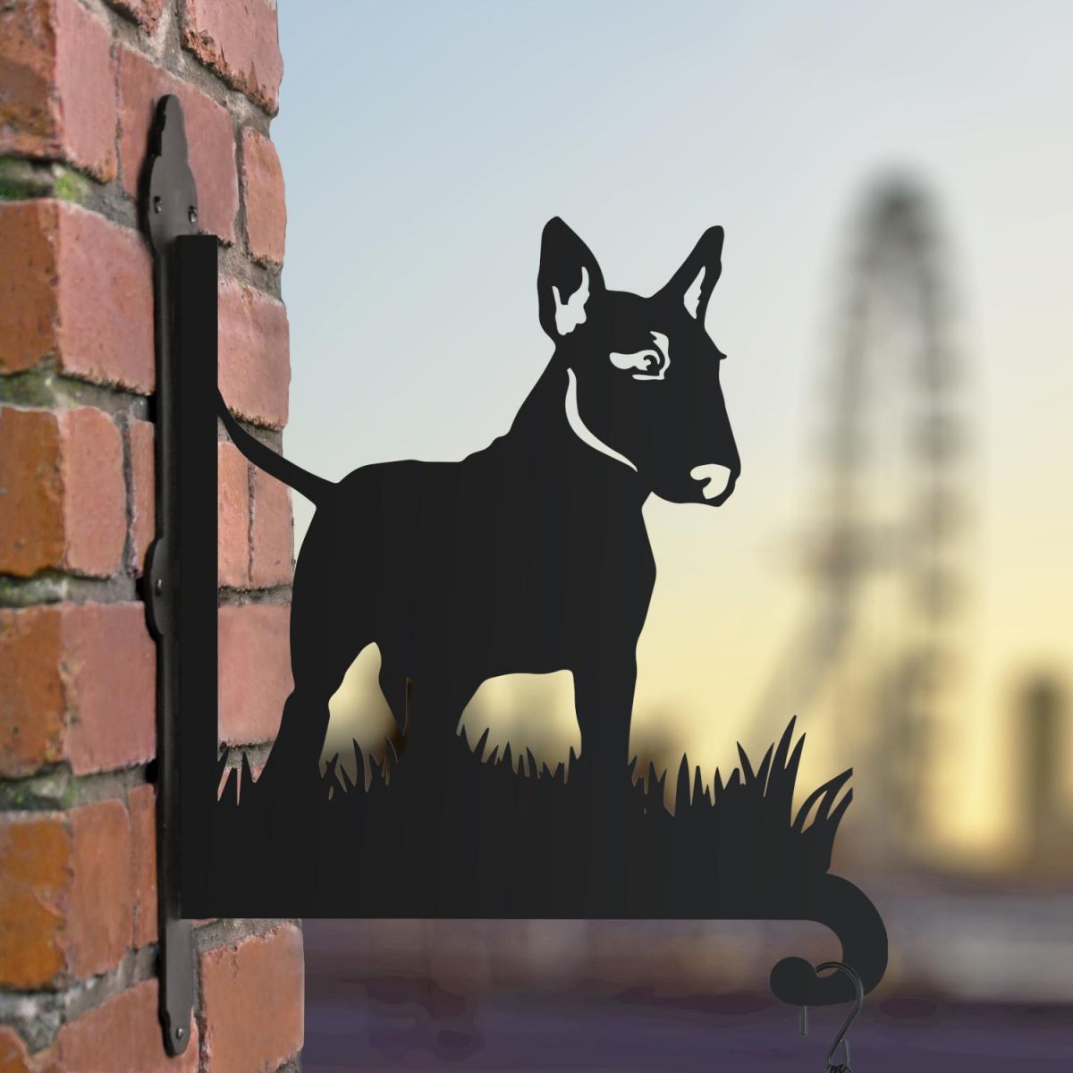 English bull terrier hanging basket bracket in the city