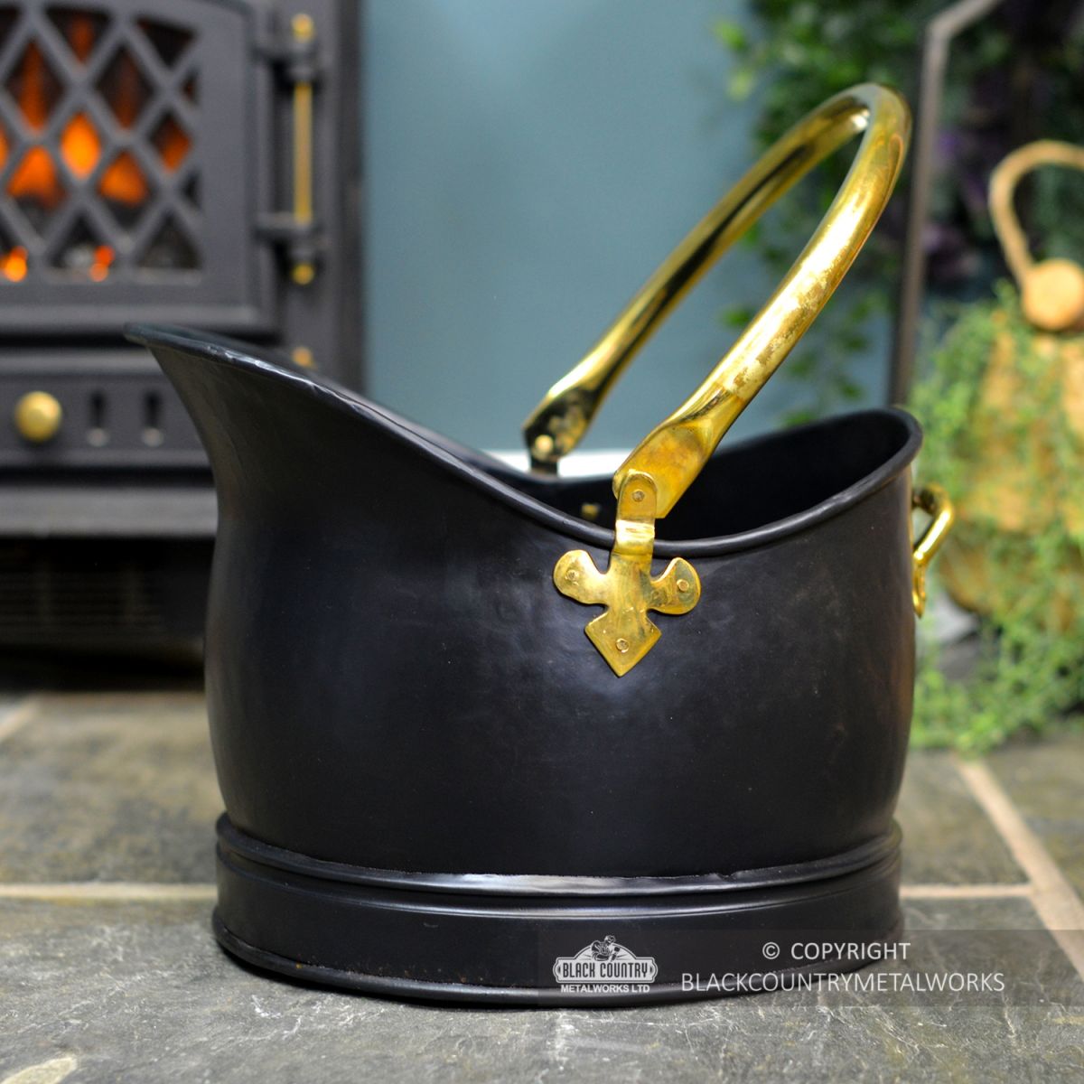 Side View of the Black & Polished Brass Coal Bucket 