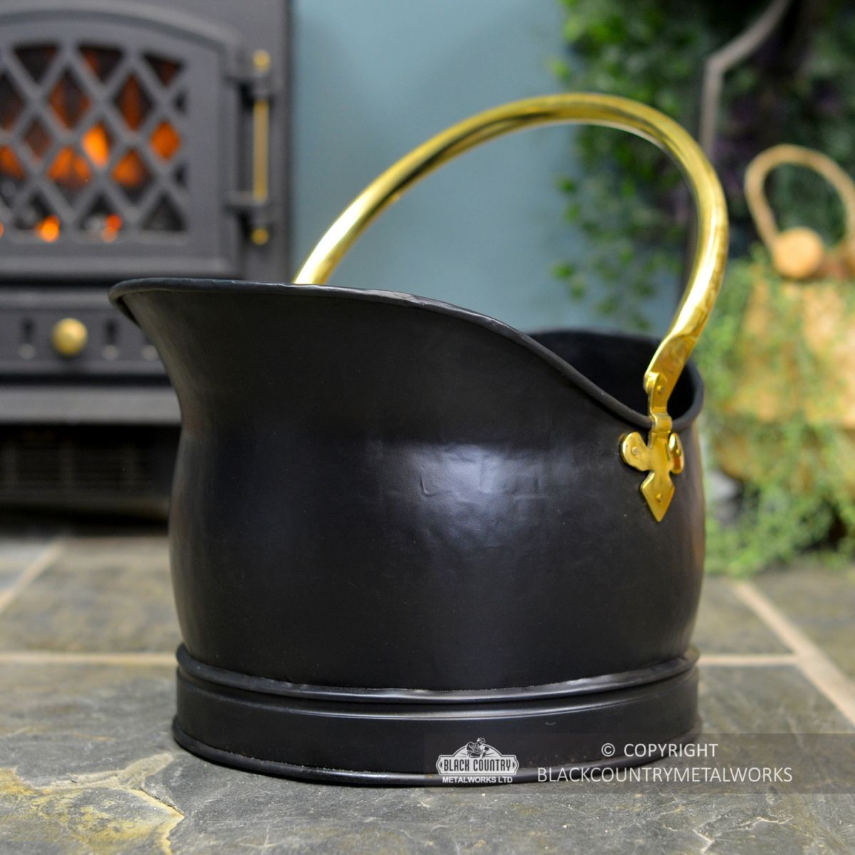 Black Iron Coal Bucket with Polished Brass Handles