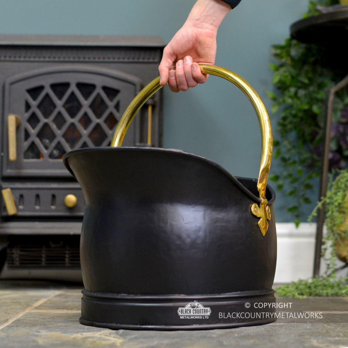 Polished Brass & Black Iron Traditional Coal Bucket To Scale