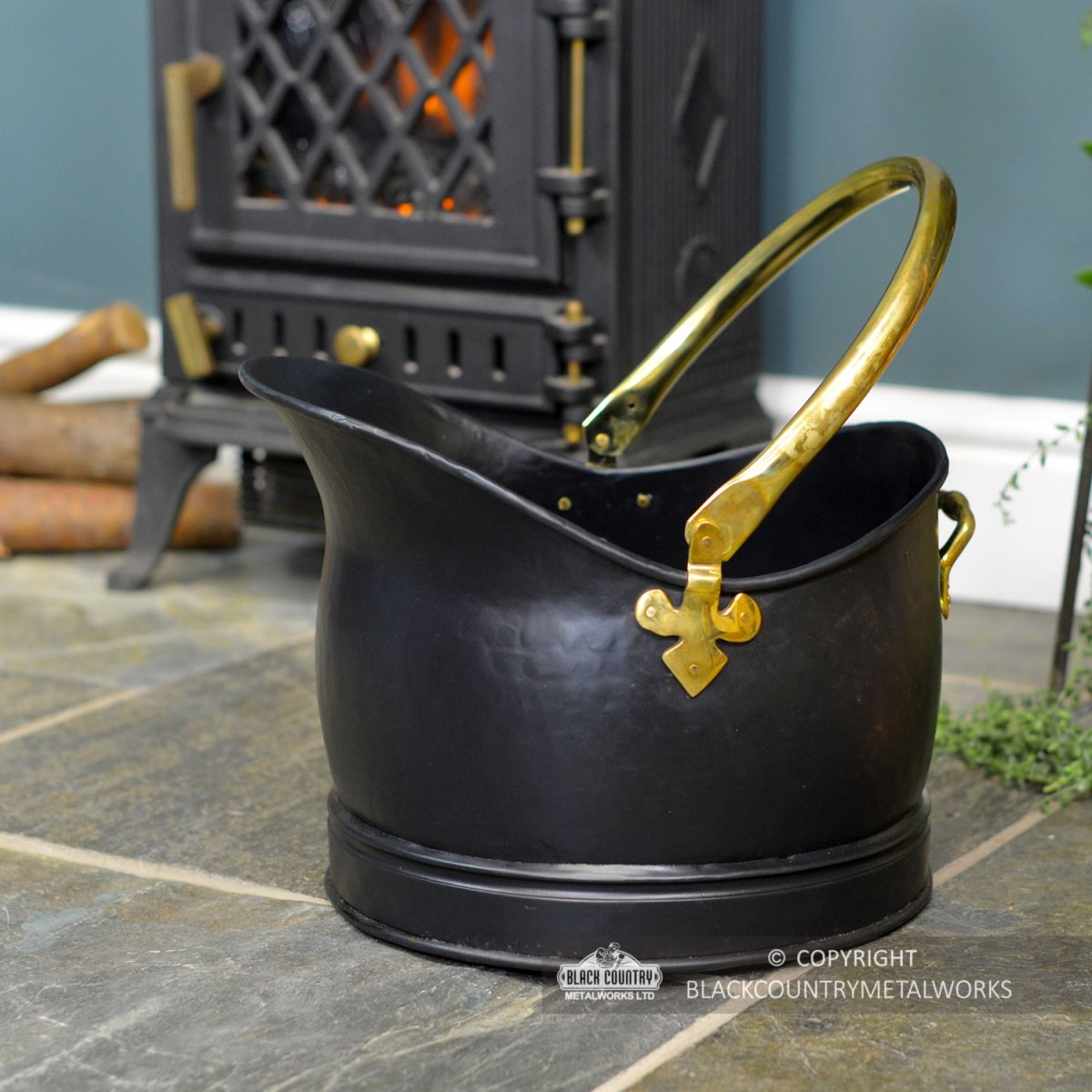 Polished Brass & Black Iron Traditional Coal Bucket in Situ Next to the Fireplace