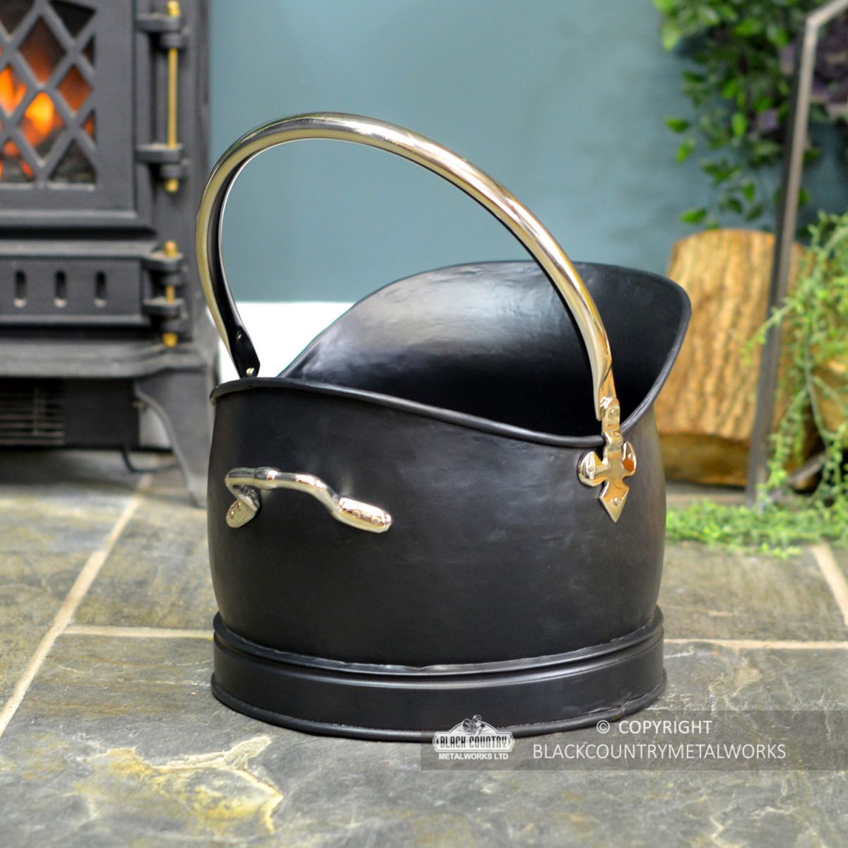 Black & Nickel Coal Bucket by the Fireplace