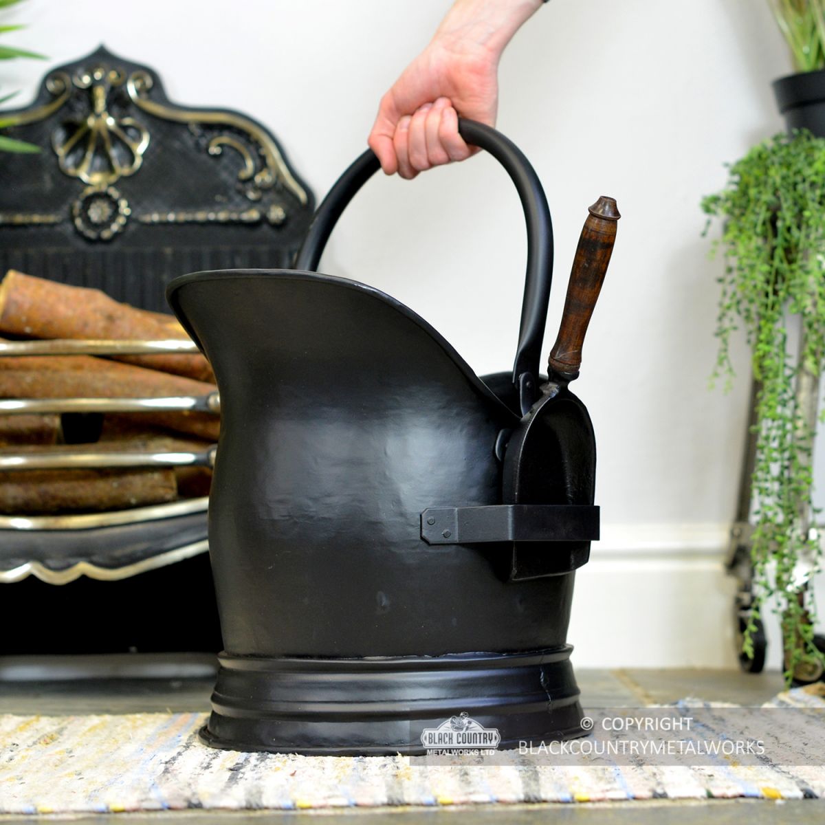 Black Traditional Coal Bucket With Shovel to Scale
