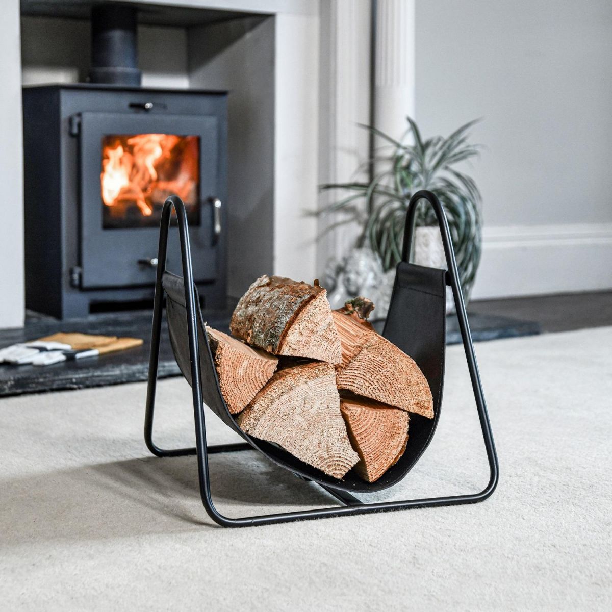 Black Steel & Black Leather Log Holder in Living Space 