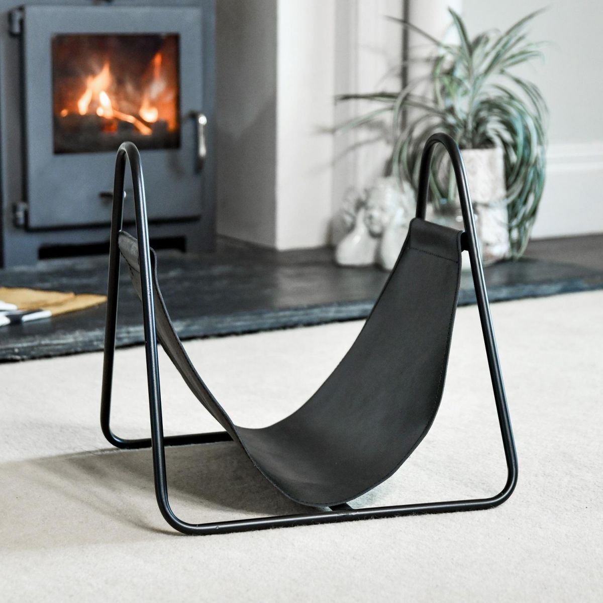 Black Leather & Steel Log Holder without Logs 