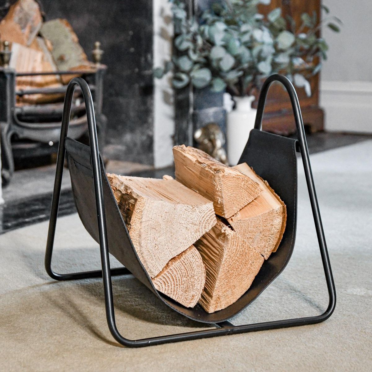 Black Steel & Black Leather Log Holder in Situ 