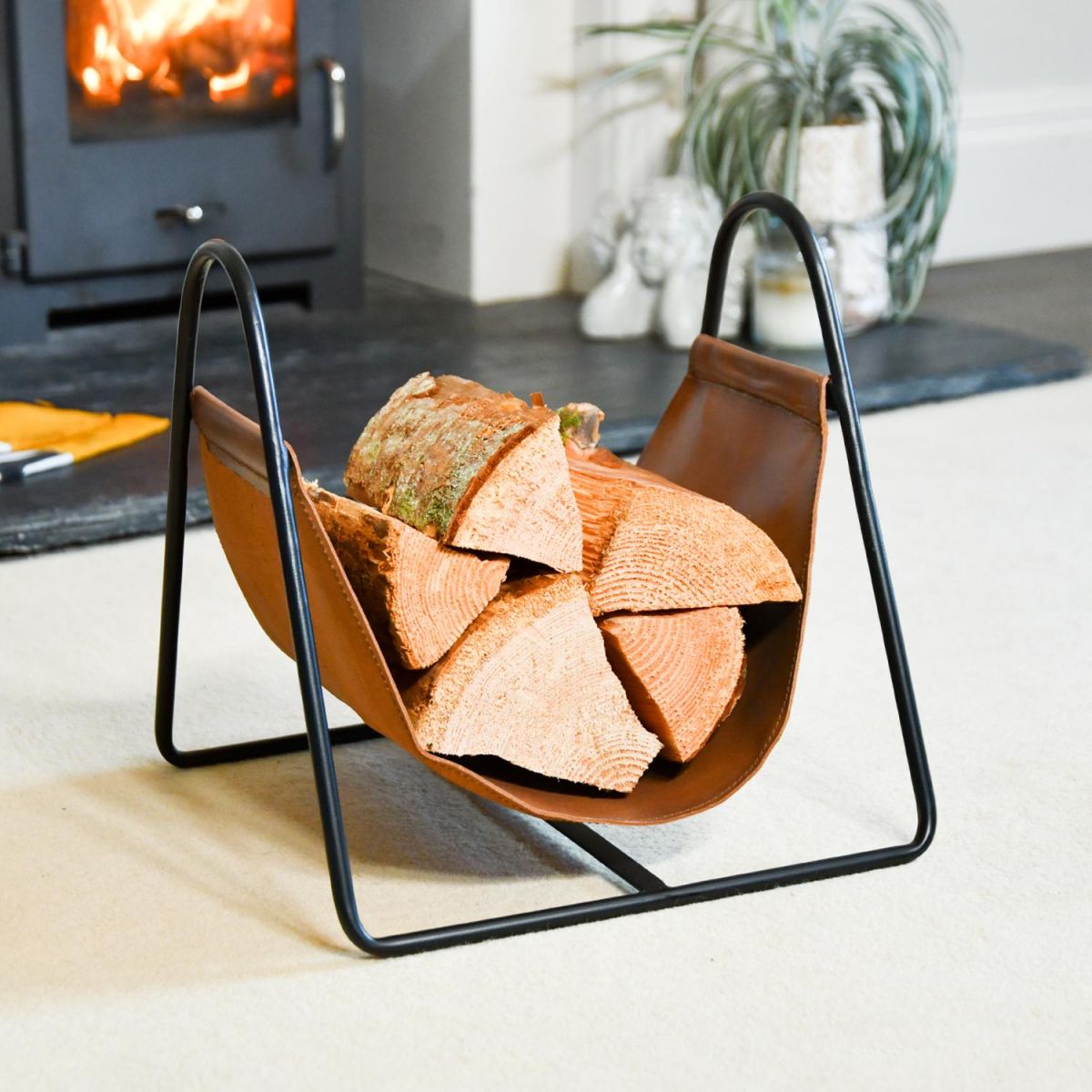Black Steel & Brown Leather Log Holder
