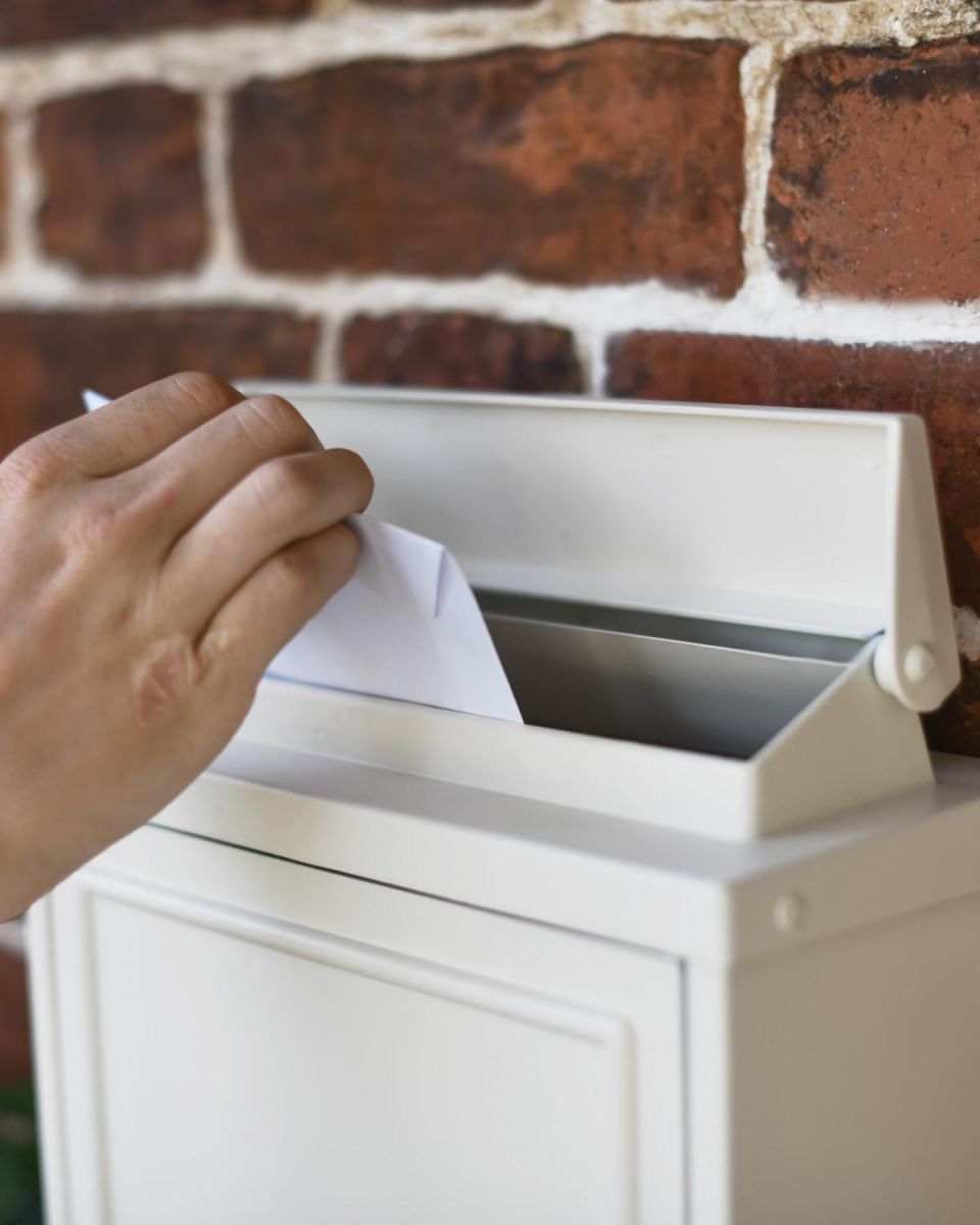 Close-Up of Letter Flap in Use on French Cream "Oxford" Wall Mounted Post Box with Lock