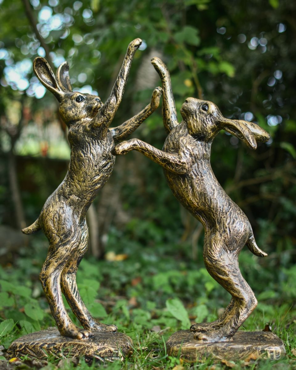 Brushed Gold Boxing Hares Sculpture