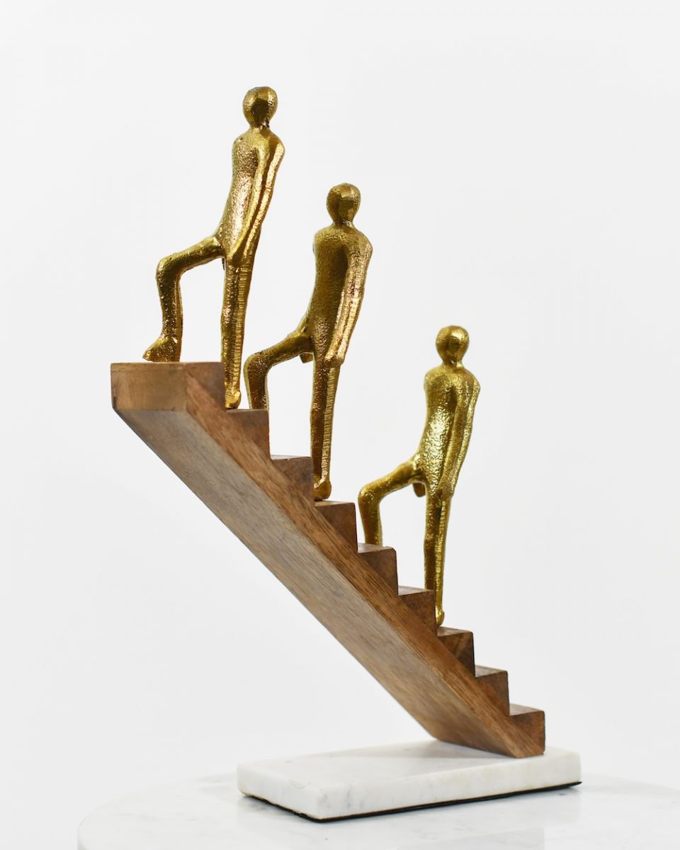 Front view of cast aluminium, mango wood and marble sculpture