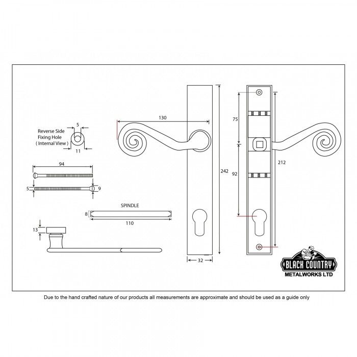 "Gelada" Slim Monkeytail Espagnolette Lock Set Left Hand Dimensions