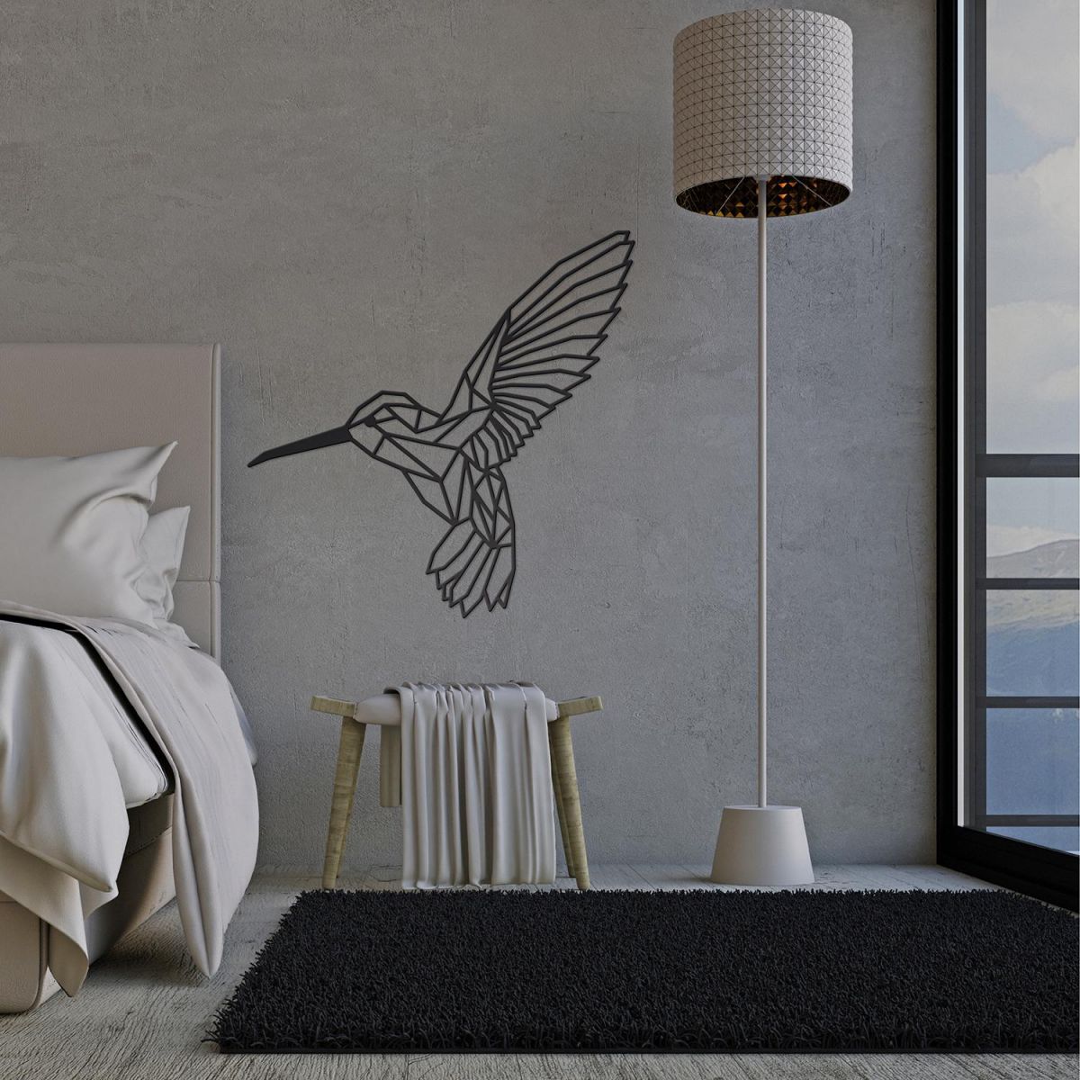 Geometric Steel Hummingbird Wall Art in Situ a Bedroom